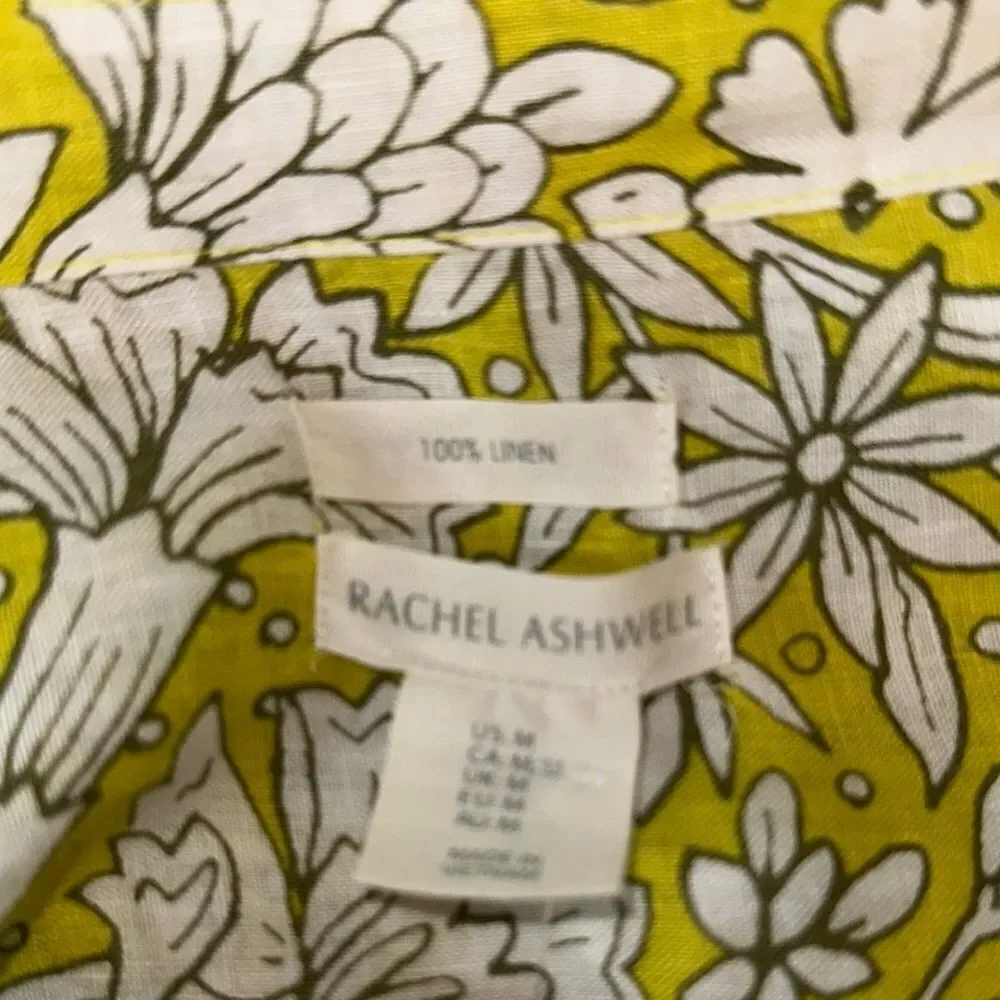 Rachel Ashwell Lime/ Yellow Floral 100% LINEN Boxy Button Down Shirt MEDIUM